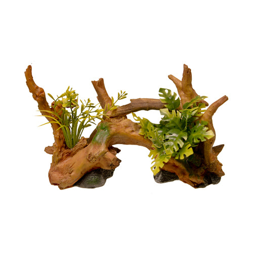Centre de table en bois flotté avec ruban bleu et plantes