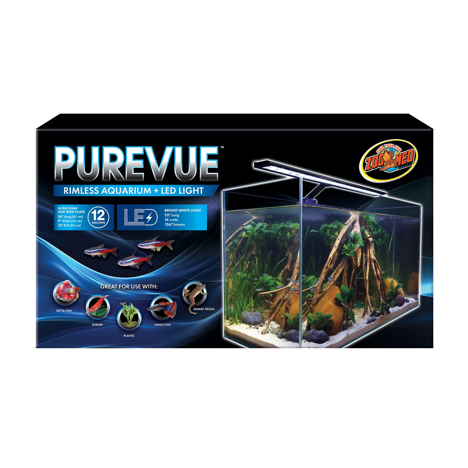 Zoo Med Purevue Rimless Aquarium w/ LED light