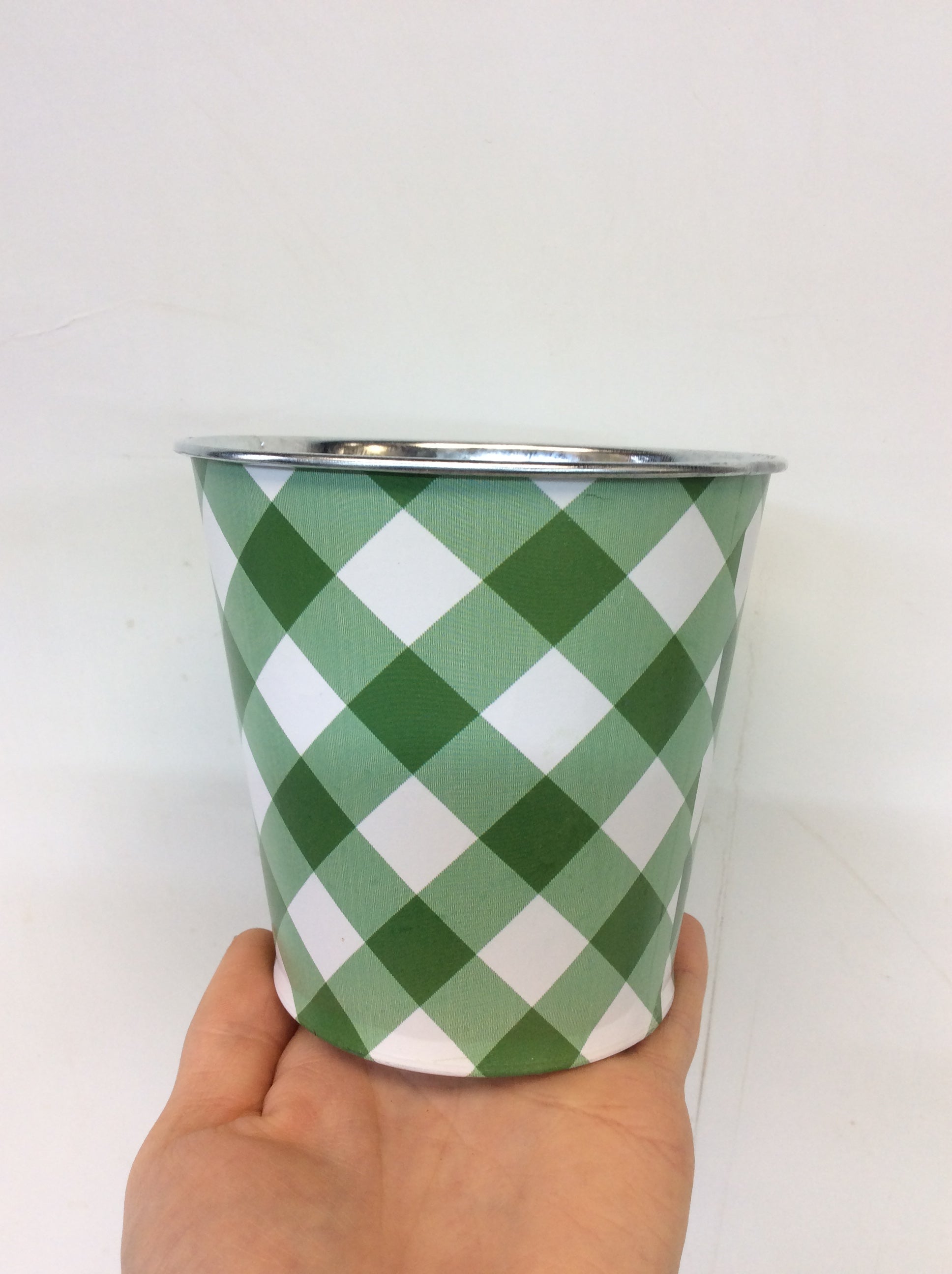Green Plaid Tin Pot